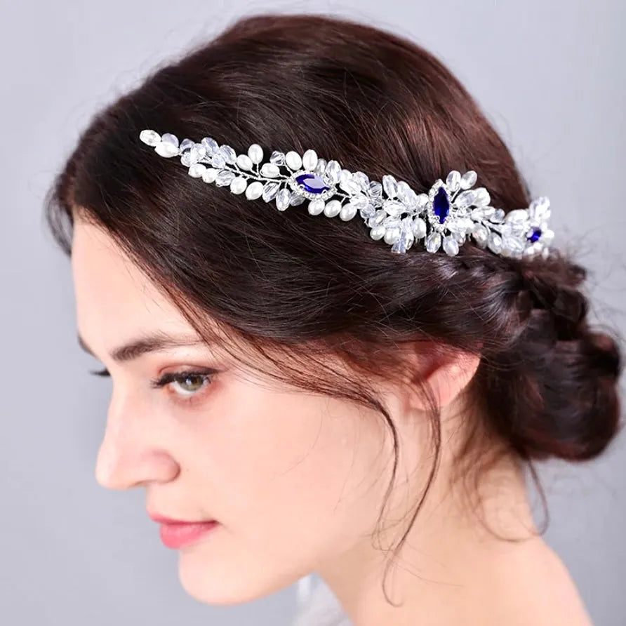 Wedding Hair Accessories - Blue Crystal and Pearl Bridal Hair Comb / Hair Vine