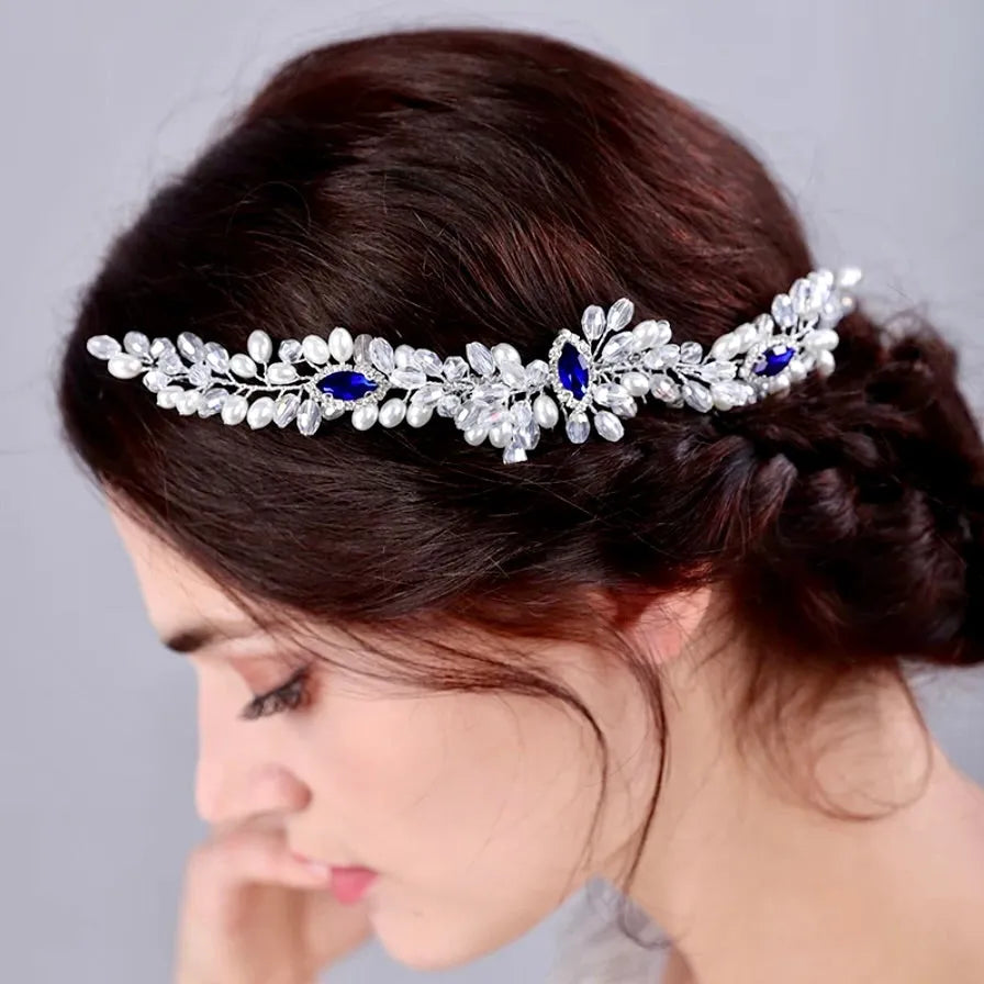 Blue Crystal & Pearl Bridal Hair Comb – Wedding Hair Vine  display picture 3