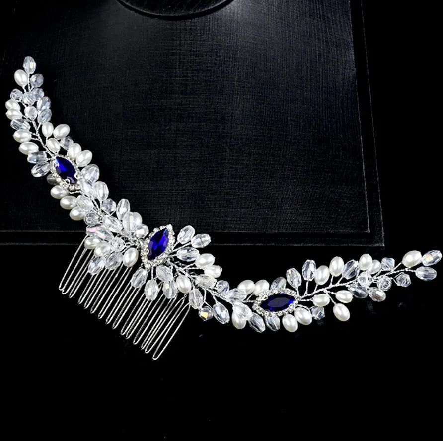 Wedding Hair Accessories - Blue Crystal and Pearl Bridal Hair Comb / Hair Vine