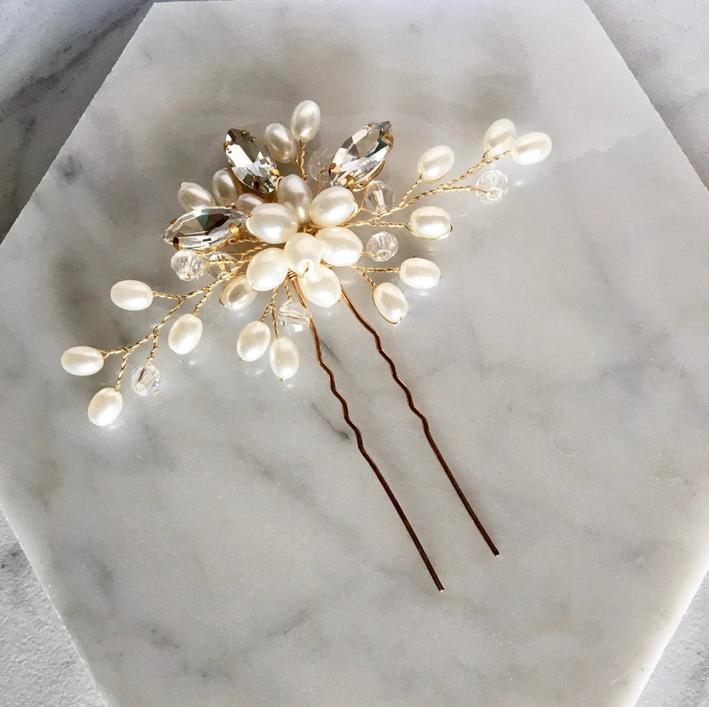 Wedding Hair Accessories - Pearl and Crystal Bridal Hair Pin - Available in Silver and Gold