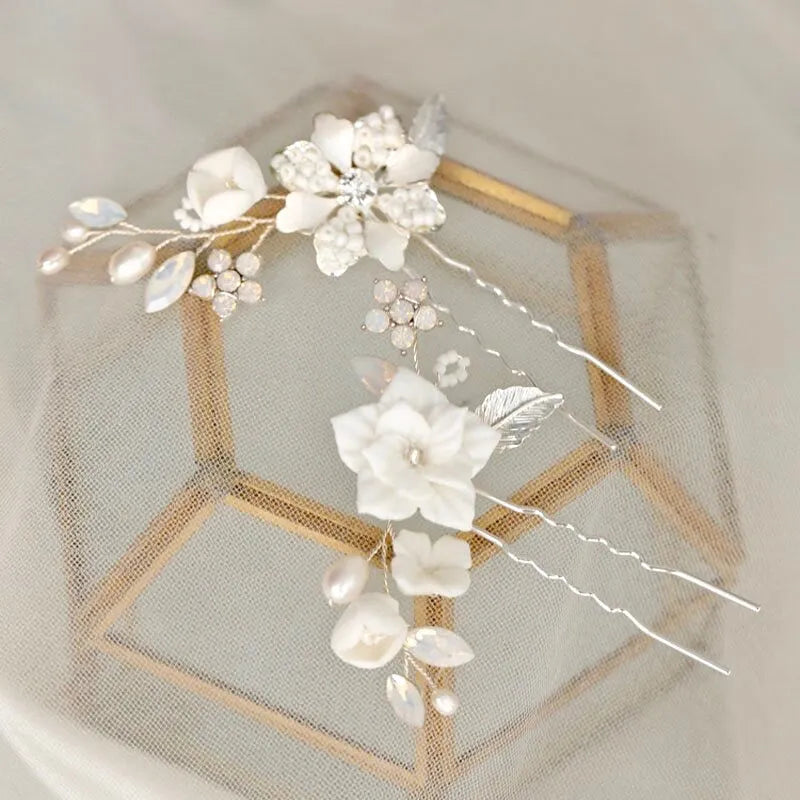 Wedding Hair Accessories -  Pearl and Opal Bridal Hair Pin Set