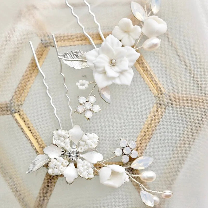 Wedding Hair Accessories -  Pearl and Opal Bridal Hair Pin Set