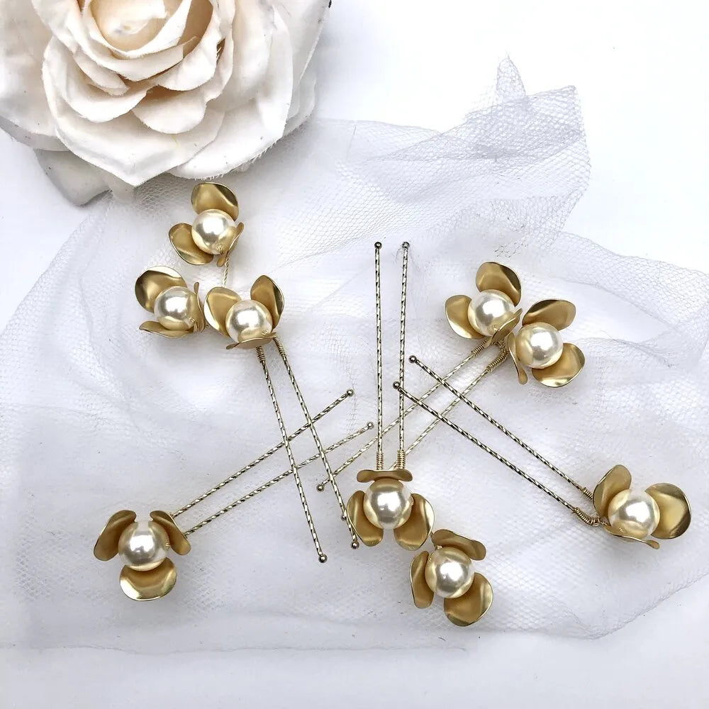 Bridal Hair Accessories - Gold Pearl Bridal Hair Pins - Set of 5