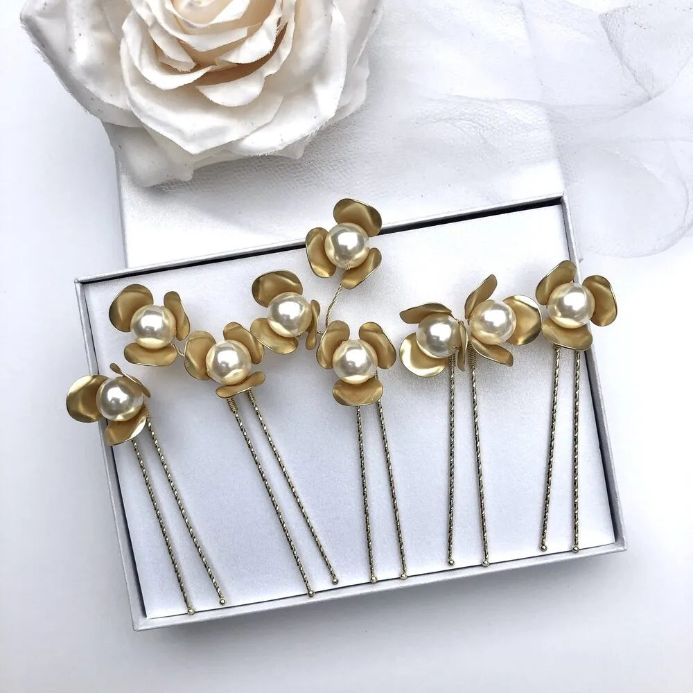Bridal Hair Accessories - Gold Pearl Bridal Hair Pins - Set of 5