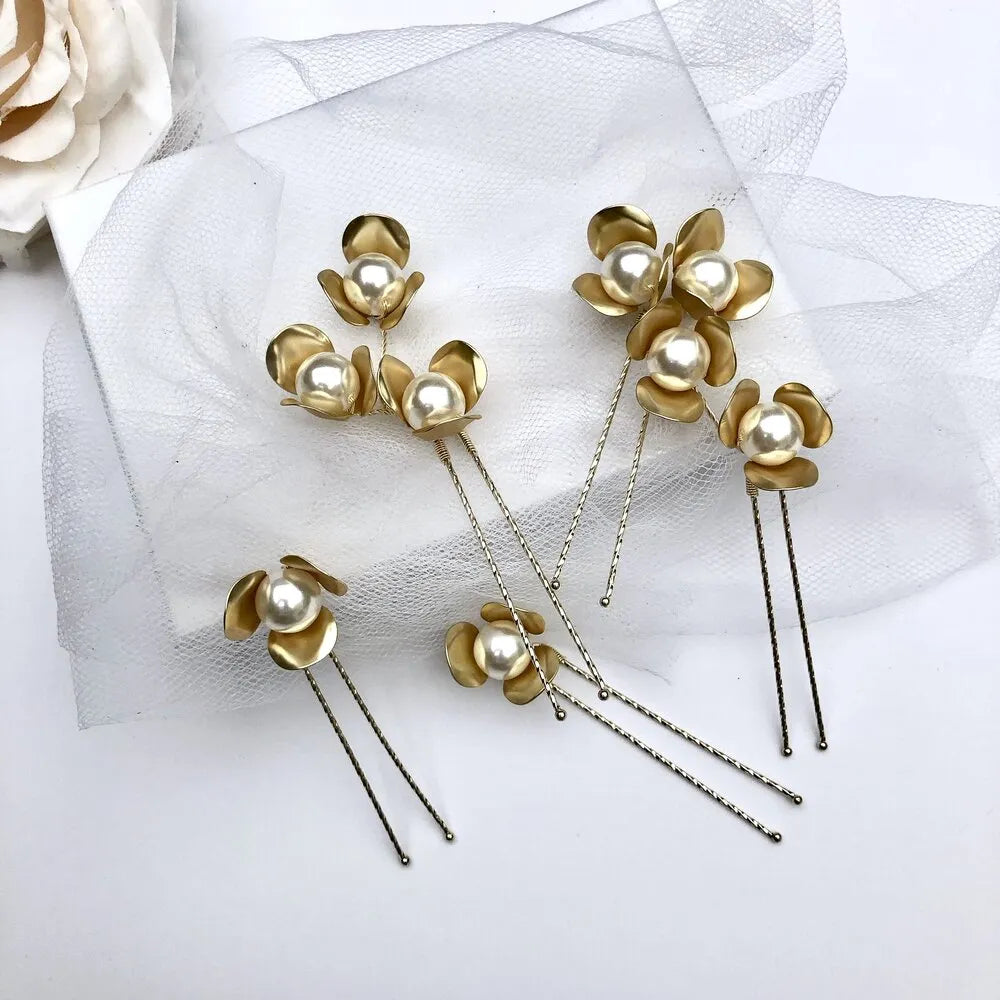 Bridal Hair Accessories - Gold Pearl Bridal Hair Pins - Set of 5