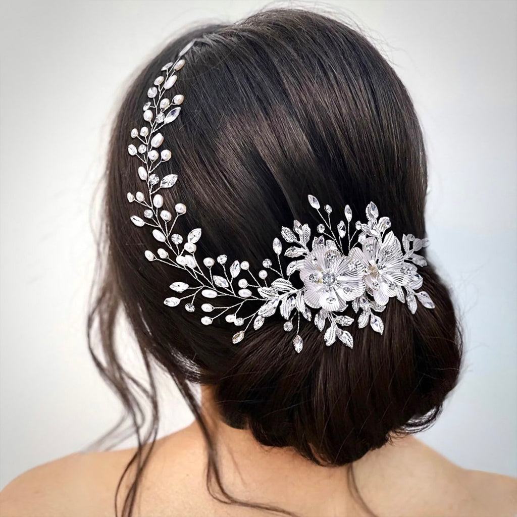 Wedding Hair Accessories - Silver Pearl and Crystal Bridal Headband/Vine