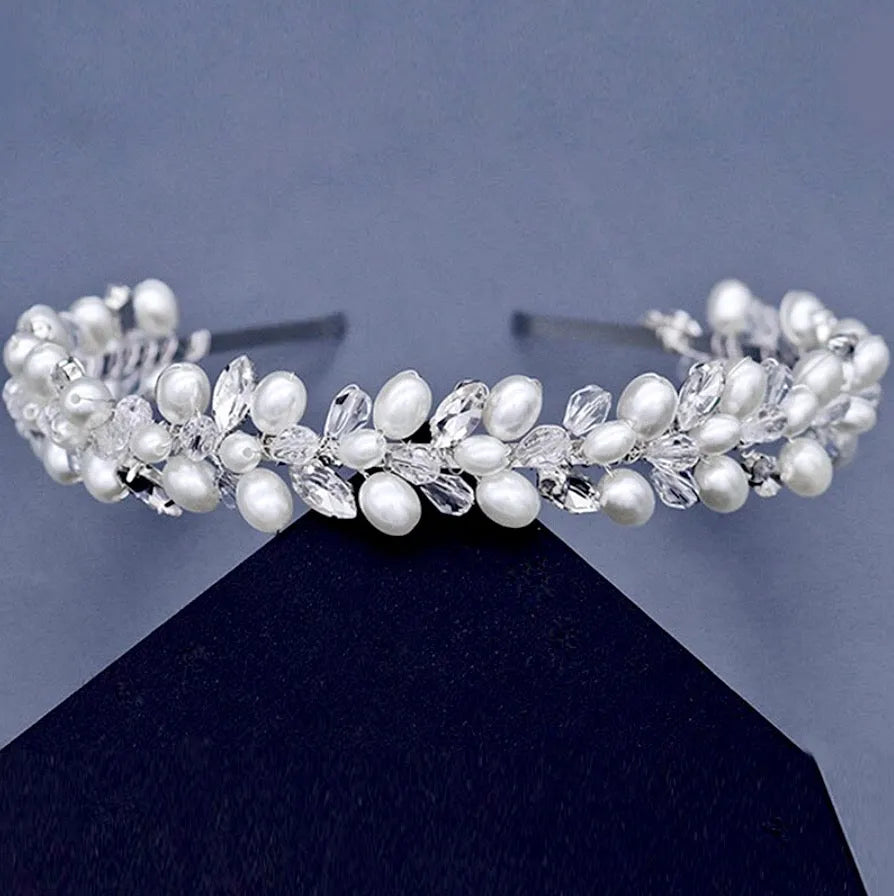 Wedding | Pearl and Crystal Bridal Headband - Silver, Gold  display picture 1