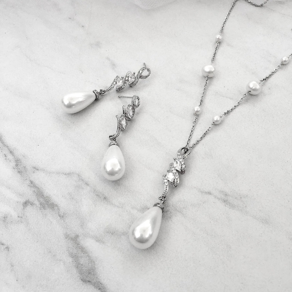 Pearl Wedding Jewelry - Pearl and Cubic Zirconia Bridal Jewelry Set