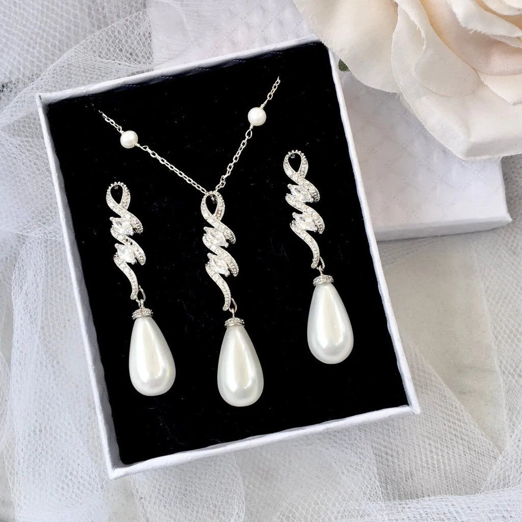 Pearl Wedding Jewelry - Pearl and Cubic Zirconia Bridal Jewelry Set