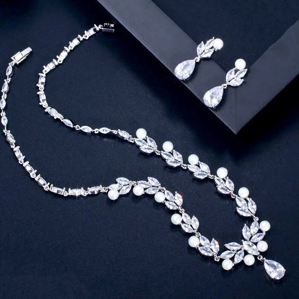 Pearl Wedding Jewelry - Pearl and Cubic Zirconia Bridal Necklace and Jewelry Set