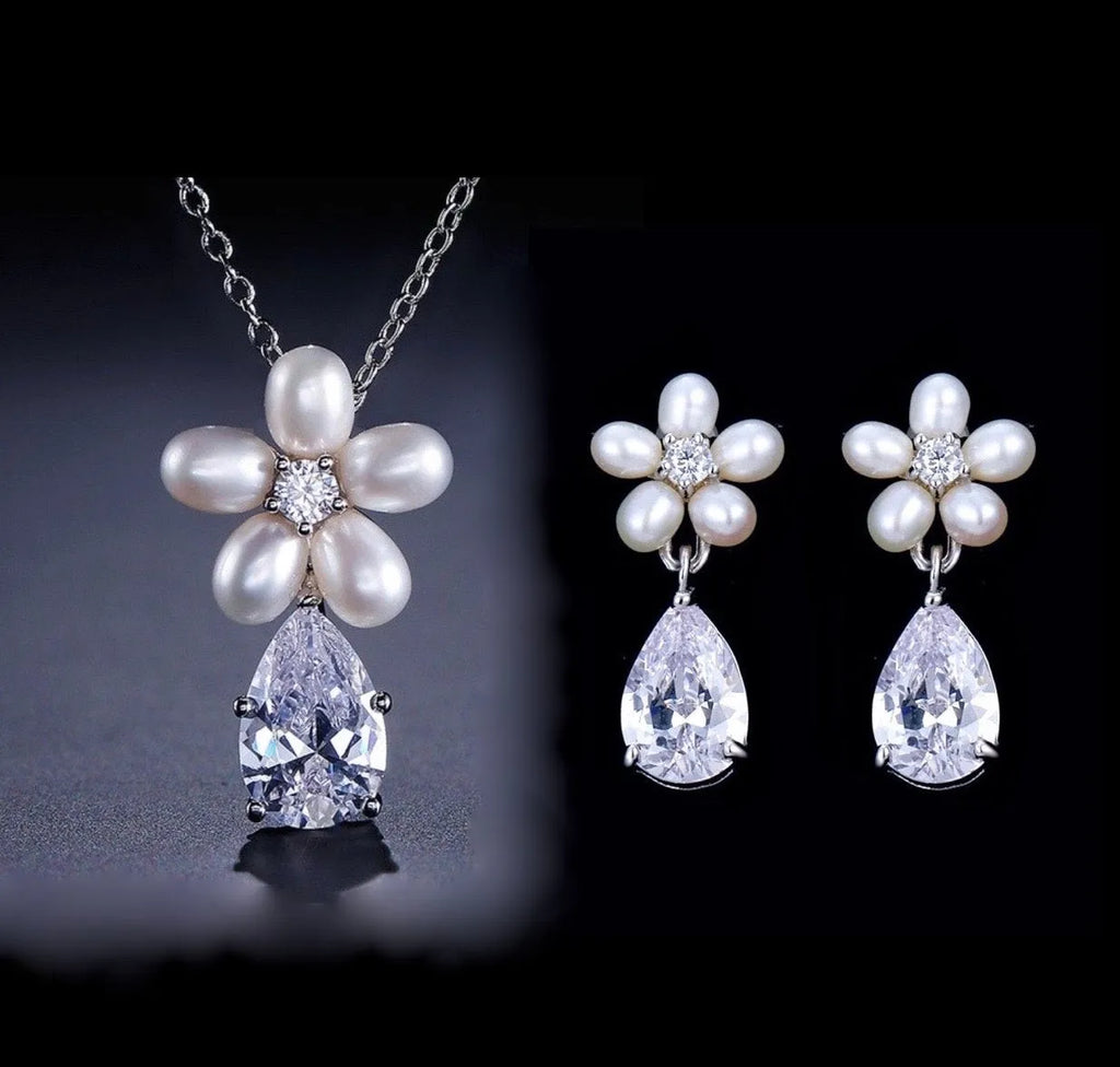 Wedding Jewelry - Pearl and Cubic Zirconia Bridal Necklace and Earrings Set