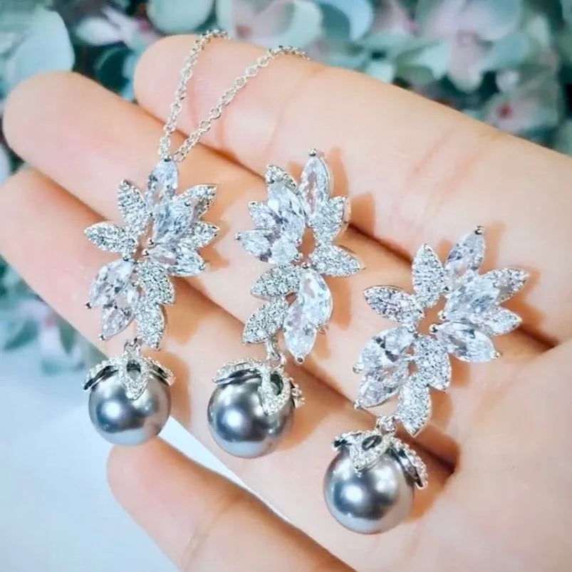 Wedding Pearl Jewelry - Gray Pearl and Cubic Zirconia Bridal Jewelry Set