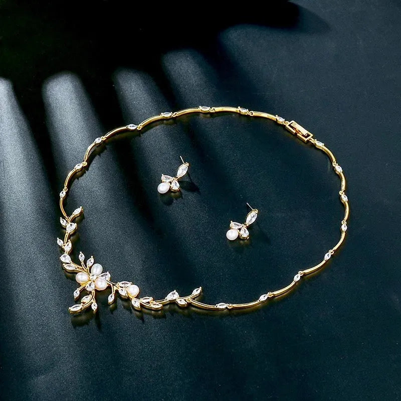Wedding Jewelry - Freshwater Pearl and Cubic Zirconia Bridal Jewelry Set - Available in Silver, Rose Gold and Yellow Gold