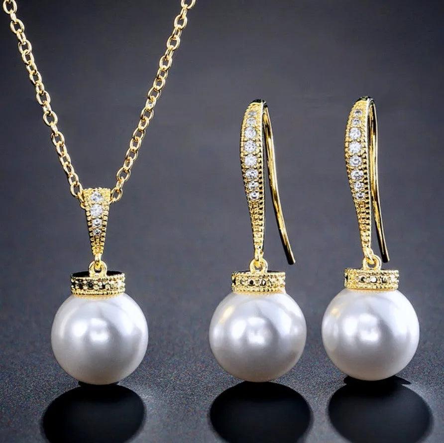Wedding Jewelry - Pearl and Cubic Zirconia Bridal Necklace and Earrings Set - Available in Silver, Rose Gold and Yellow Gold