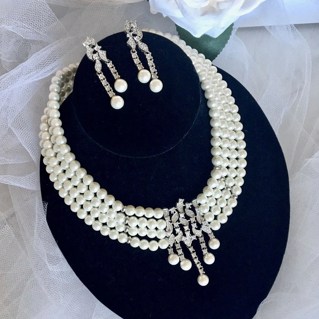 Pearl Wedding Jewelry - Pearl and Cubic Zirconia Bridal Jewelry Set