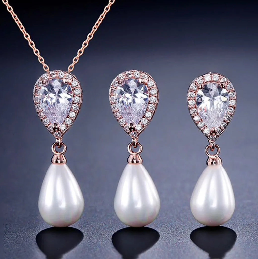 Wedding Jewelry - Pearl and Cubic Zirconia Bridal Necklace and Earrings Set - Available in Silver, Rose Gold and Yellow Gold 