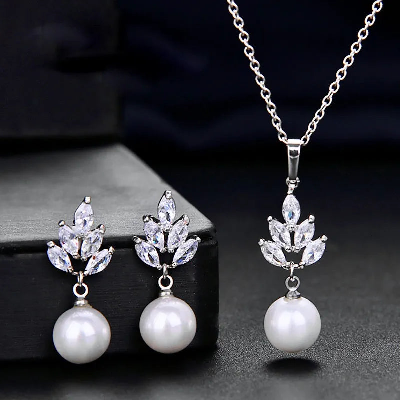 Wedding Pearl Jewelry - Pearl and Cubic Zirconia Jewelry Set - Available in Silver and Rose Gold