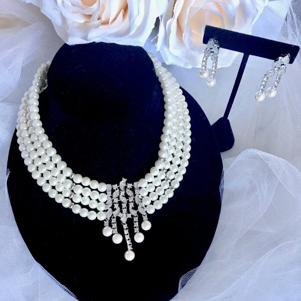 Pearl Wedding Jewelry - Pearl and Cubic Zirconia Bridal Jewelry Set