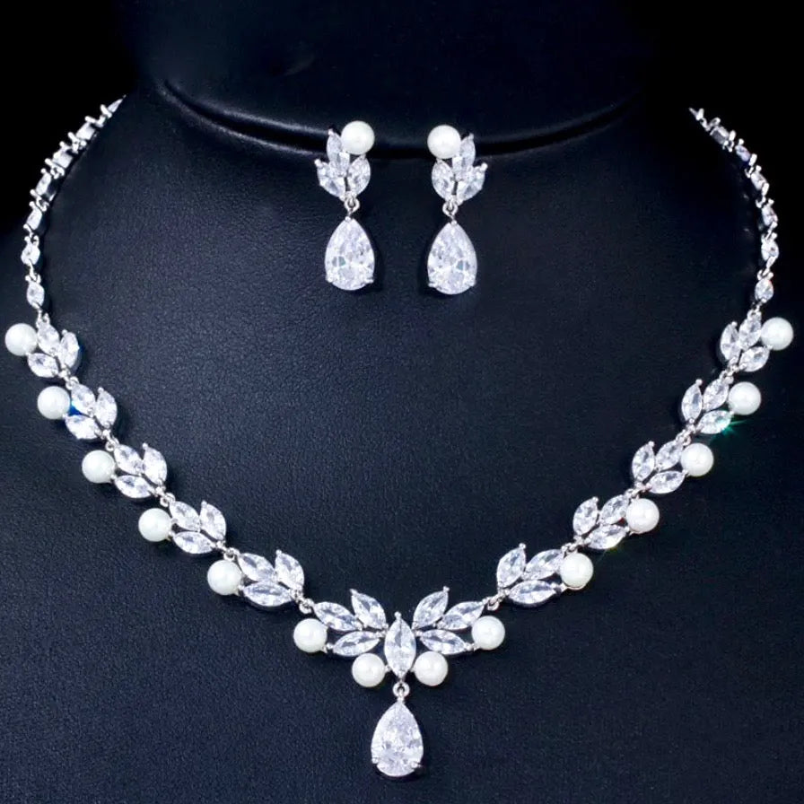 Pearl Wedding Jewelry - Pearl and Cubic Zirconia Bridal Necklace and Jewelry Set