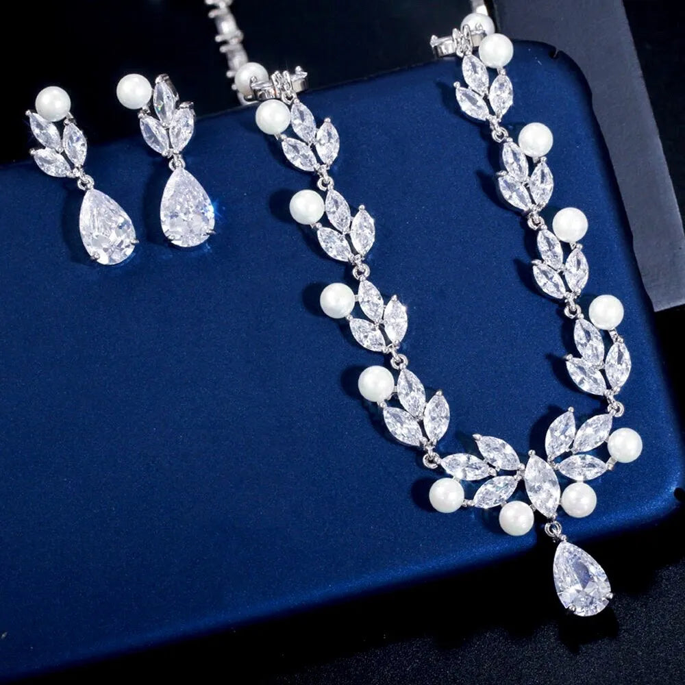 Pearl Wedding Jewelry - Pearl and Cubic Zirconia Bridal Necklace and Jewelry Set