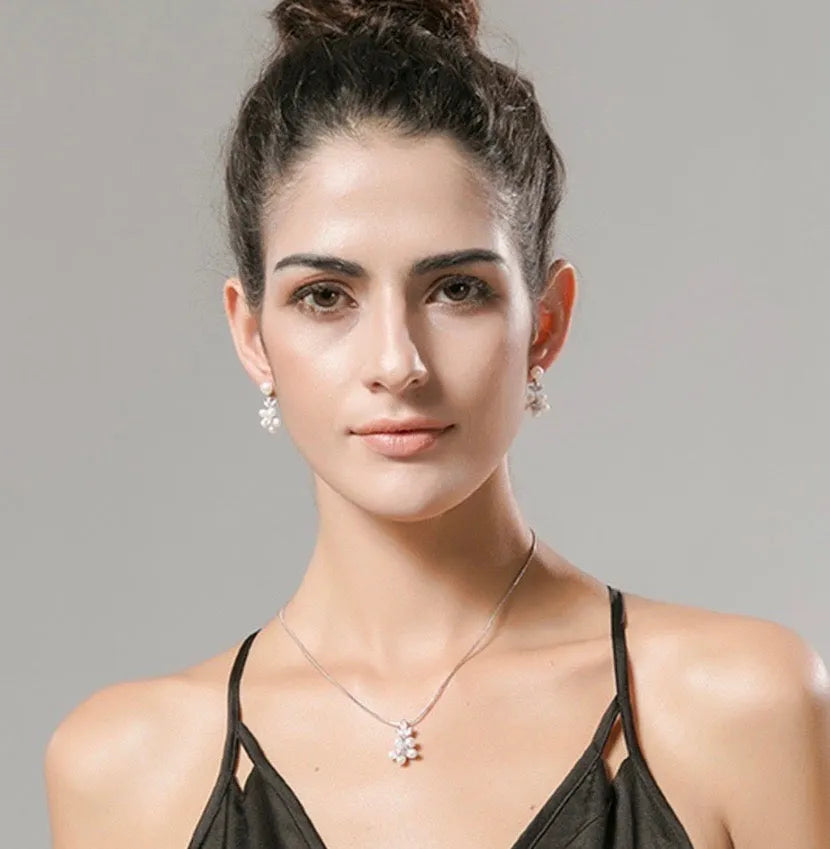 Wedding Jewelry - Pearl and Cubic Zirconia Bridal Necklace and Earrings Set