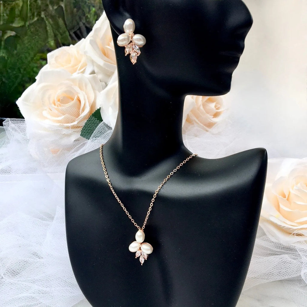Wedding Pearl Jewelry - Pearl Bridal Jewelry Set - Available in Silver, Rose Gold and Yellow Gold