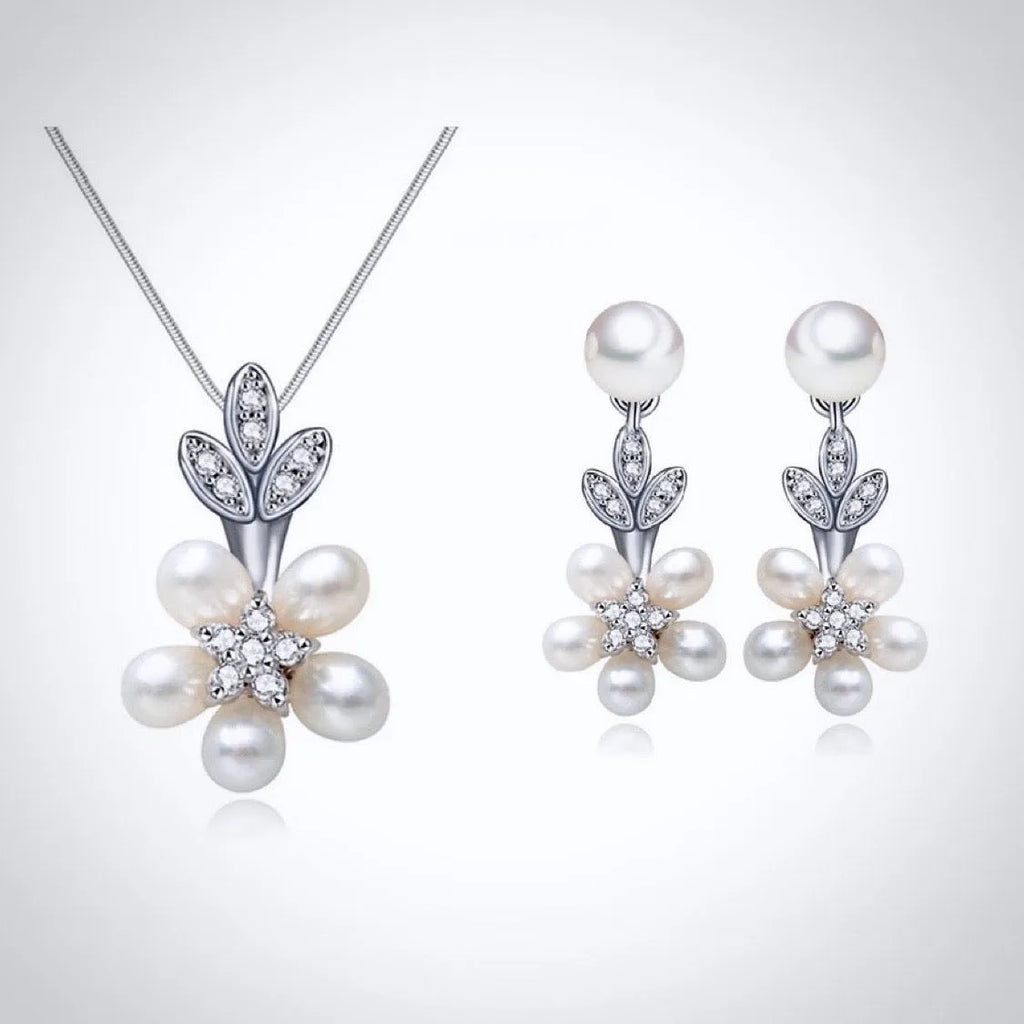 Wedding Jewelry - Pearl and Cubic Zirconia Bridal Necklace and Earrings Set