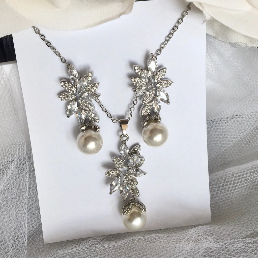 Wedding Pearl Jewelry - Pearl and Cubic Zirconia Bridal Jewelry Set