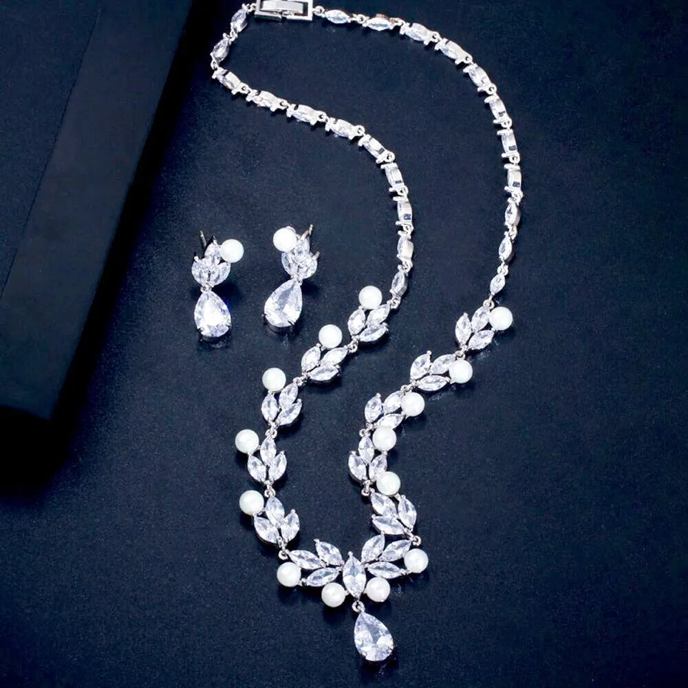 Pearl Wedding Jewelry - Pearl and Cubic Zirconia Bridal Necklace and Jewelry Set