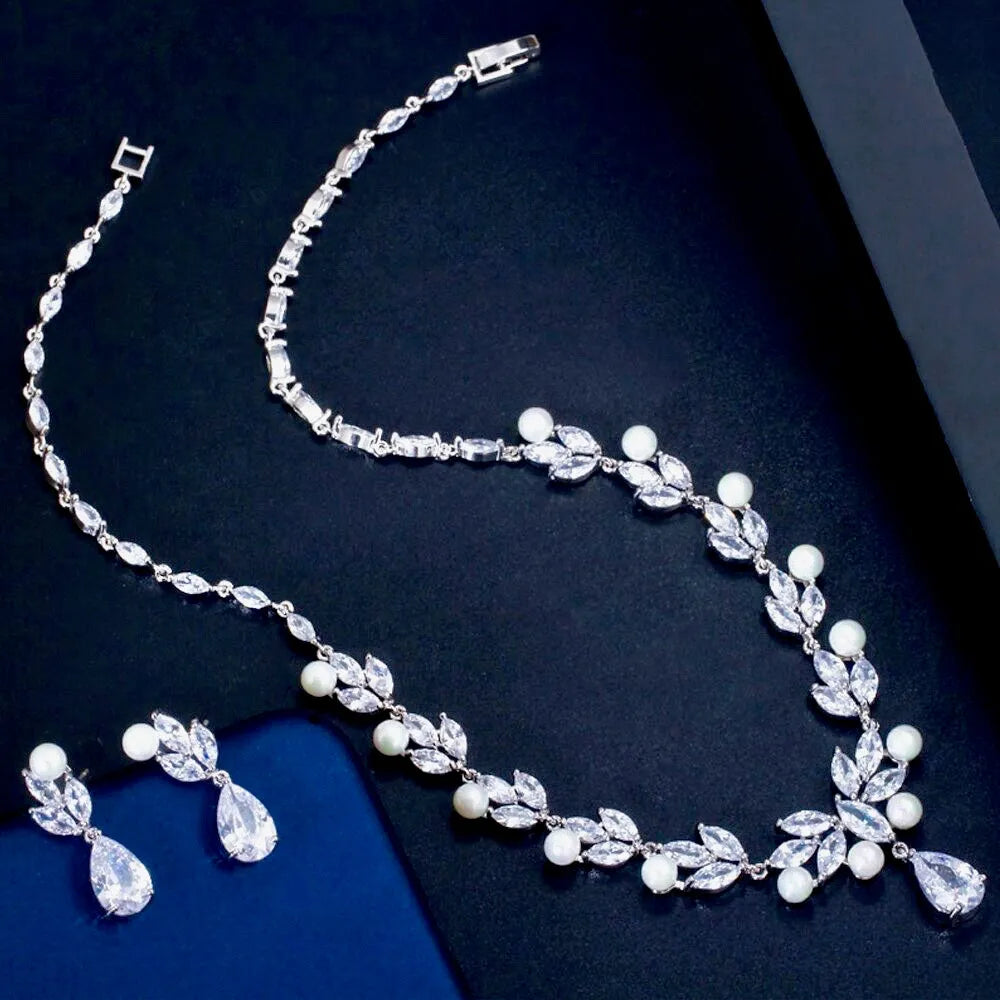 Pearl Wedding Jewelry - Pearl and Cubic Zirconia Bridal Necklace and Jewelry Set