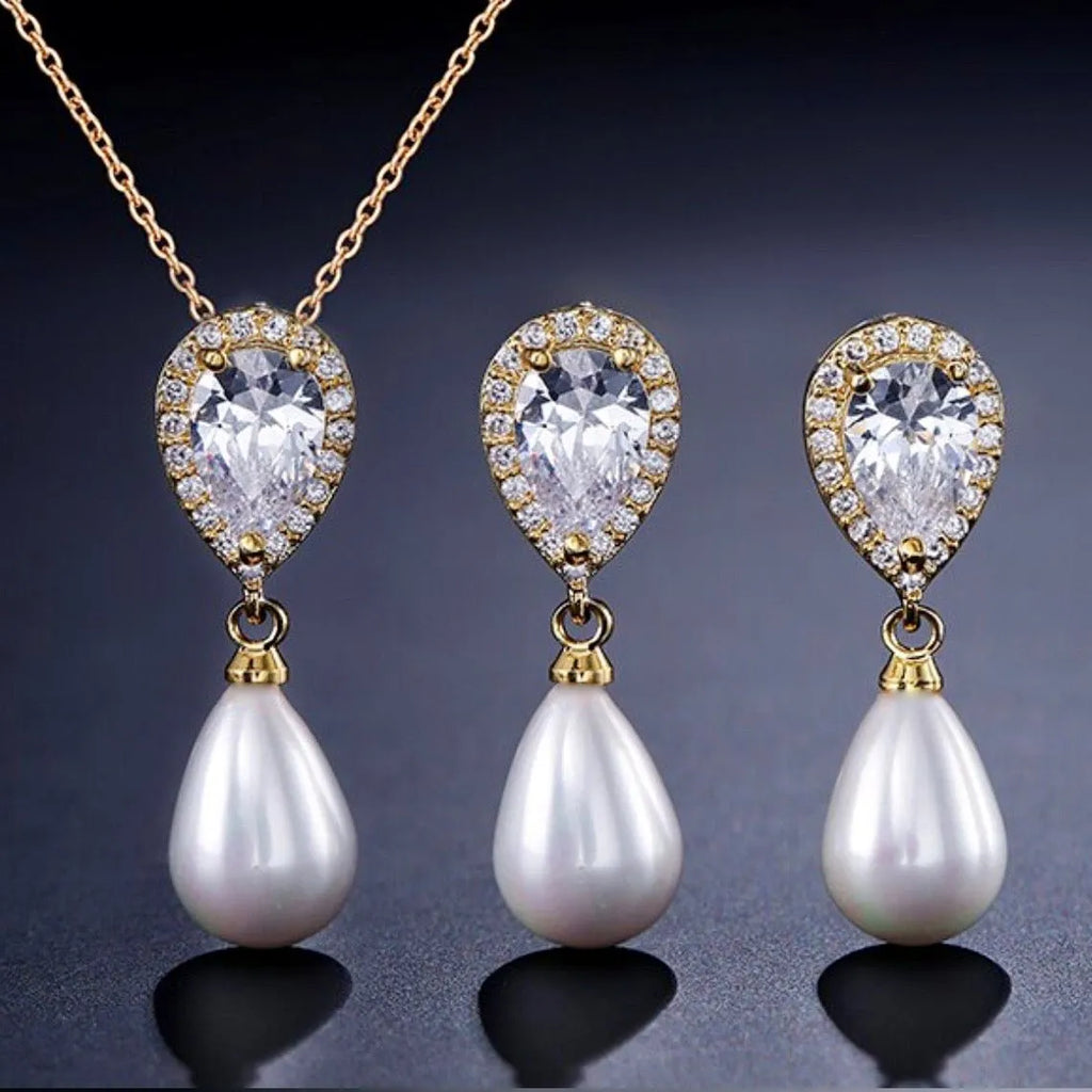 Wedding Jewelry - Pearl and Cubic Zirconia Bridal Necklace and Earrings Set - Available in Silver, Rose Gold and Yellow Gold 