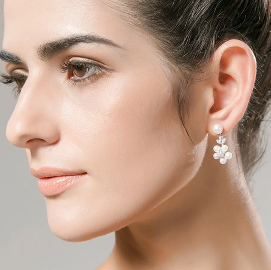 Wedding Jewelry - Pearl and Cubic Zirconia Bridal Necklace and Earrings Set