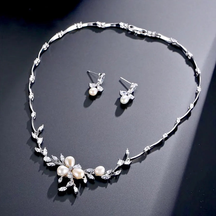 Wedding Jewelry - Freshwater Pearl and Cubic Zirconia Bridal Jewelry Set - Available in Silver, Rose Gold and Yellow Gold