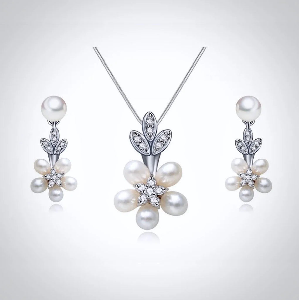 Wedding Jewelry - Pearl and Cubic Zirconia Bridal Necklace and Earrings Set