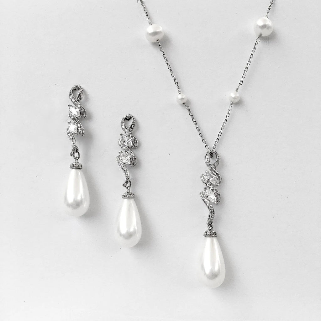 Pearl Wedding Jewelry - Pearl and Cubic Zirconia Bridal Jewelry Set