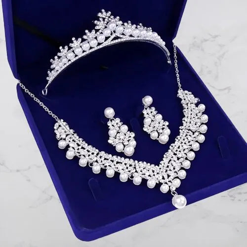 Pearl Wedding Jewelry - Silver Cubic Zirconia and Pearl 3-Piece Bridal Jewelry Set with Half Tiara
