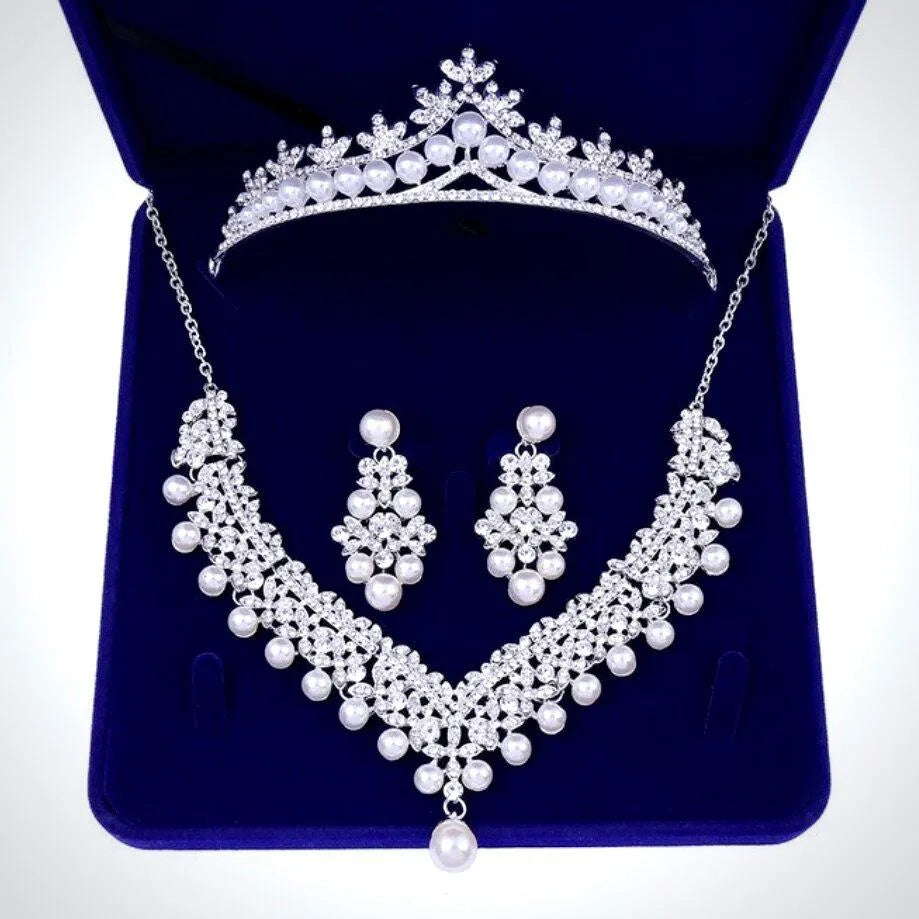 Pearl Wedding Jewelry - Silver Cubic Zirconia and Pearl 3-Piece Bridal Jewelry Set  with Half Tiara