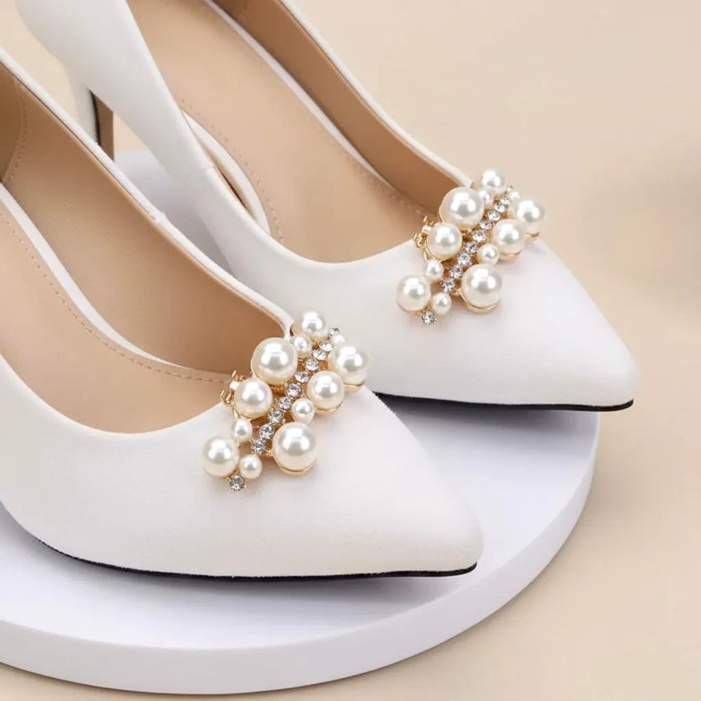 Gold Decorative Shoe Clips for Wedding Heels or Flats - Pearl & Crystal