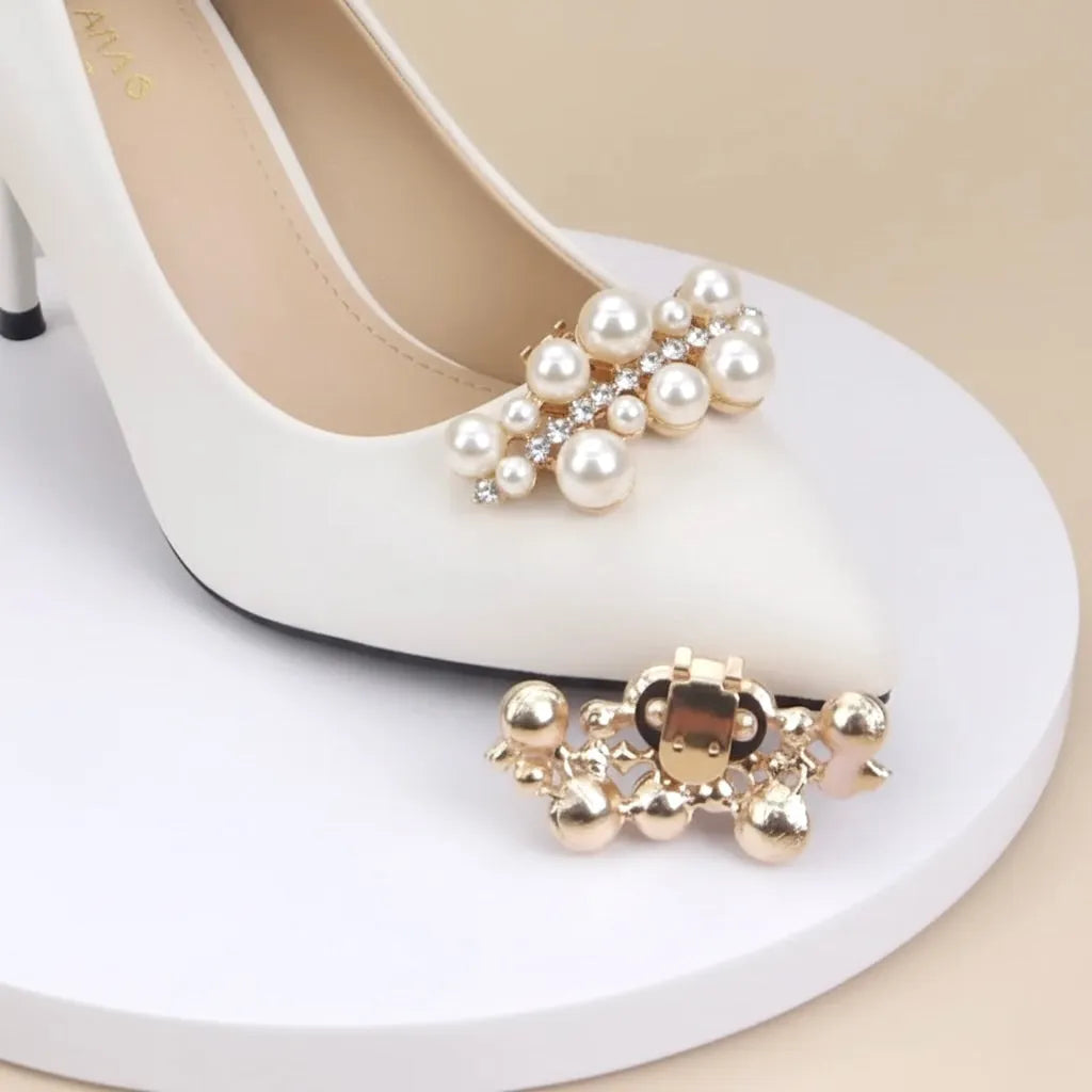Gold Decorative Shoe Clips for Wedding Heels or Flats - Pearl & Crystal