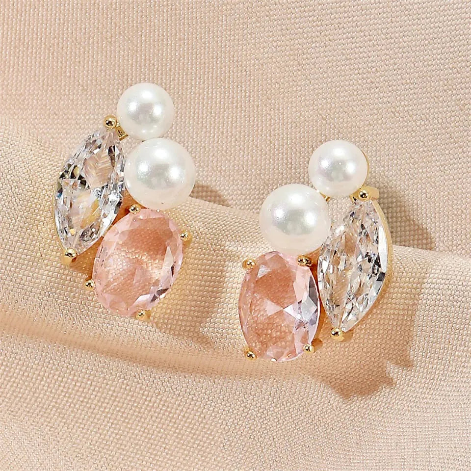 Wedding Jewelry - Pearl and Pink CZ Bridal Stud Earrings