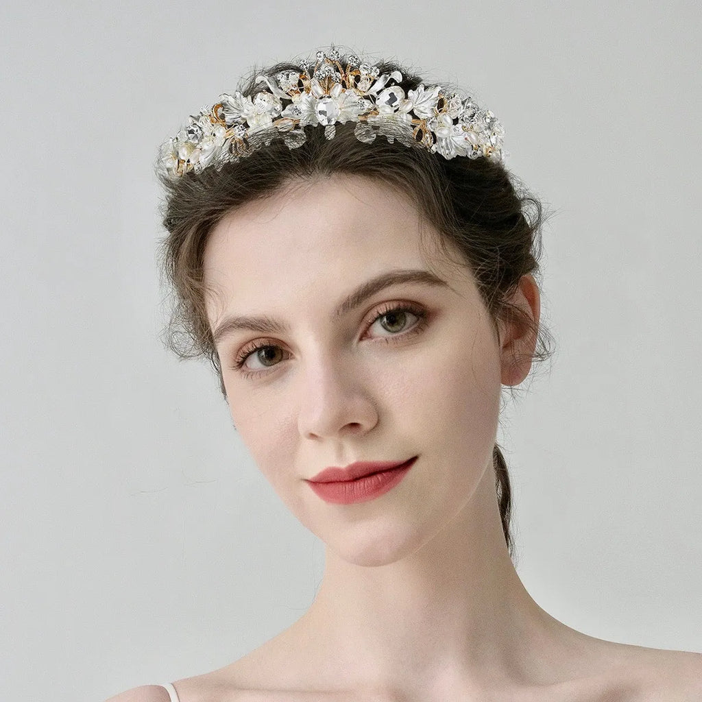 Wedding Hair Accessories -  Pearl and Crystal Bridal Tiara - Available in Yellow Gold and Silver