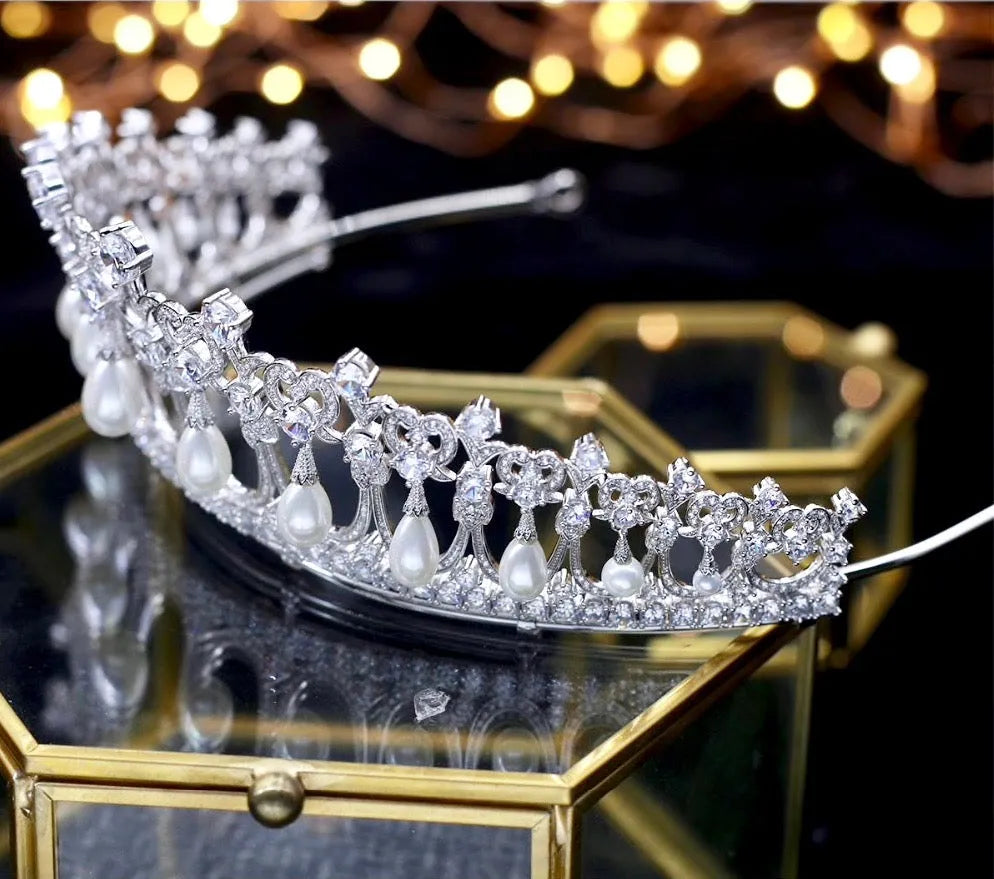 Pearl & Cubic Zirconia Bridal Headpiece Silver Gold Botanical Wedding Tiara Delicate Pearl Wedding Tiara • Bridal Hair Accessory • Pearl  main image 4
