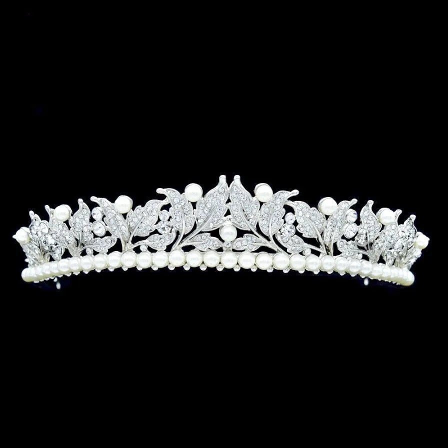 Wedding Hair Accessories - Pearl and Cubic Zirconia Bridal Tiara - Available in Silver and Yellow Gold