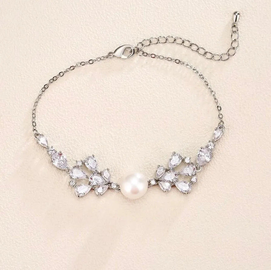 Pearl Wedding Jewelry - Pearl and Cubic Zirconia Bridal Bracelet - Available in Silver, Rose Gold and Yellow Gold