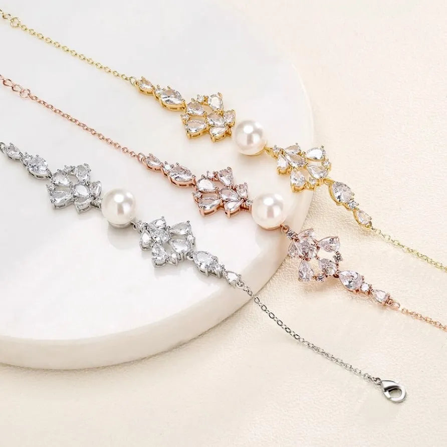 Pearl Wedding Jewelry - Pearl and Cubic Zirconia Bridal Bracelet - Available in Silver, Rose Gold and Yellow Gold