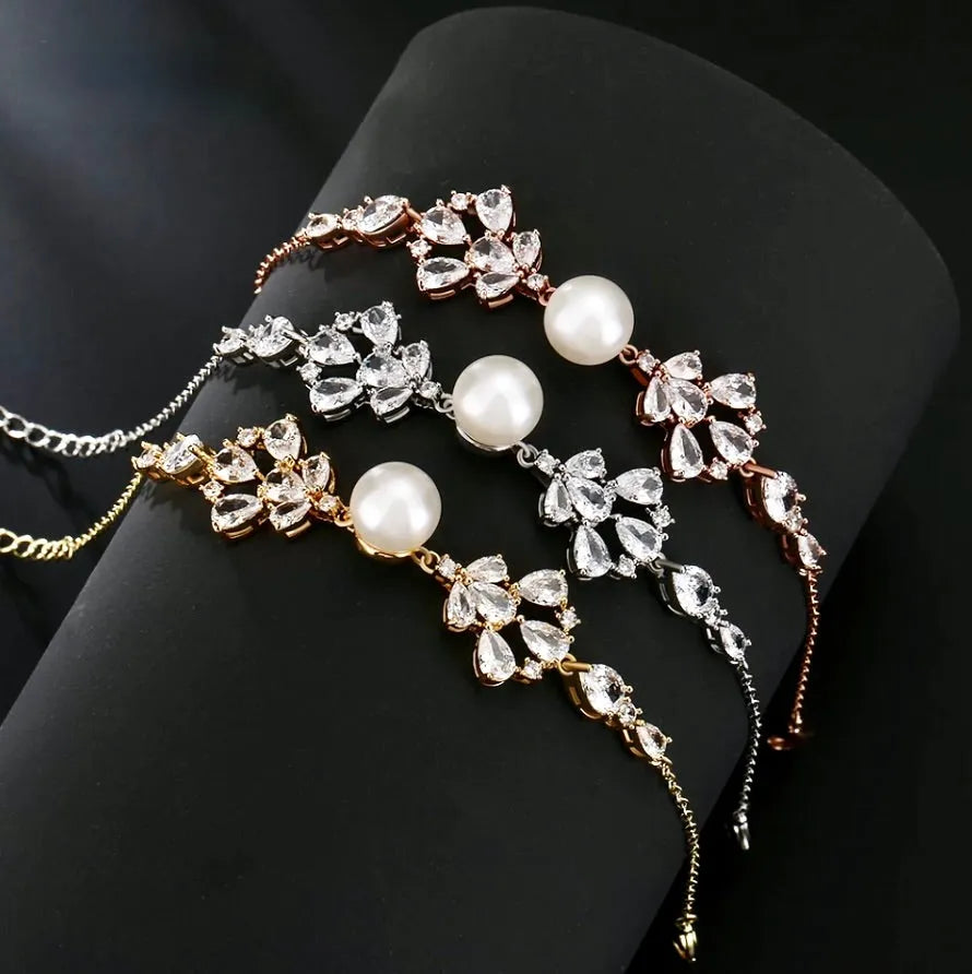 Pearl Wedding Jewelry - Pearl and Cubic Zirconia Bridal Bracelet - Available in Silver, Rose Gold and Yellow Gold