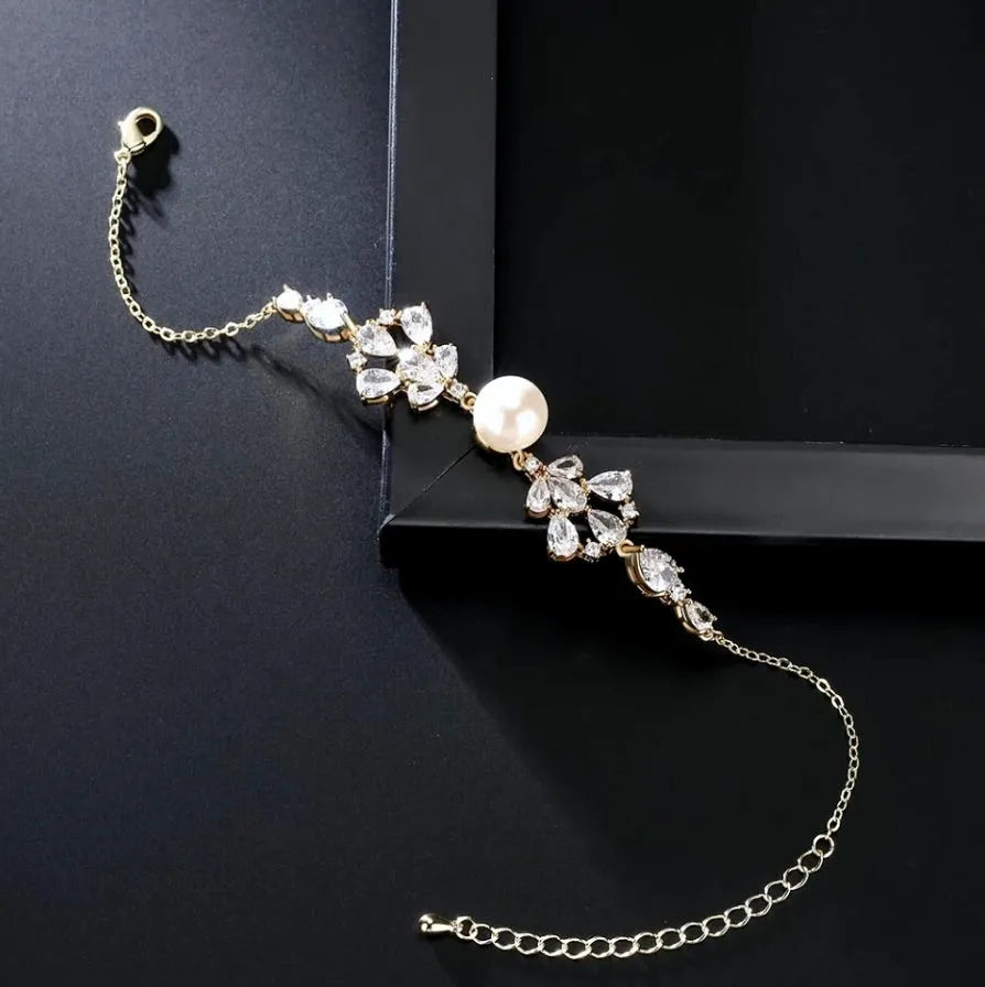 Pearl Wedding Jewelry - Pearl and Cubic Zirconia Bridal Bracelet - Available in Silver, Rose Gold and Yellow Gold