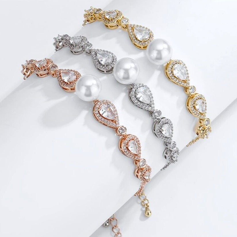 Pearl Wedding Jewelry - Pearl and Cubic Zirconia Bridal Bracelet - Available in Rose Gold, Silver and Yellow Gold