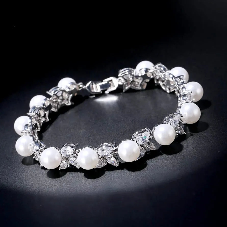 Pearl Wedding Jewelry - Pearl and Cubic Zirconia Bridal Bracelet