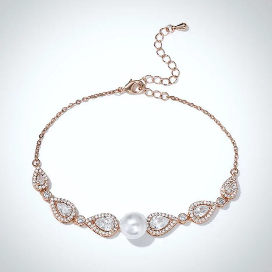 Pearl Wedding Jewelry - Pearl and Cubic Zirconia Bridal Bracelet - Available in Rose Gold, Silver and Yellow Gold